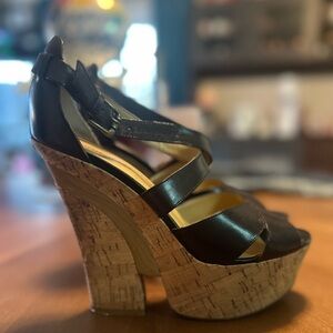 Nine West Black Leather Cork Platform Wedge Sandals